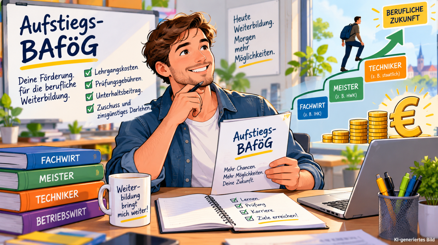Moderne Comic-Illustration zum Aufstiegs-BAföG mit einem Weiterbildungsinteressierten, Lernunterlagen zu Fachwirt, Meister und Techniker sowie Symbolen für staatliche Förderung und beruflichen Aufstieg.