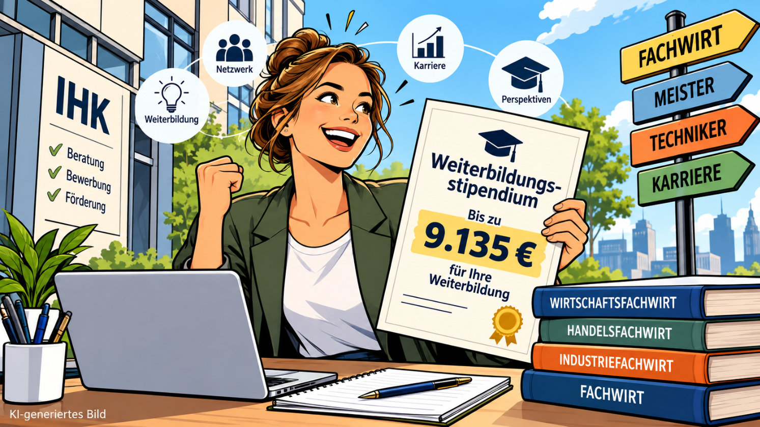 Moderne Comic-Illustration zur Begabtenförderung: Eine junge Frau präsentiert ihr Weiterbildungsstipendium über bis zu 9.135 Euro. Fachwirt-Lehrbücher und Wegweiser zu Meister, Techniker und Karriere verdeutlichen die beruflichen Weiterbildungsmöglichkeiten