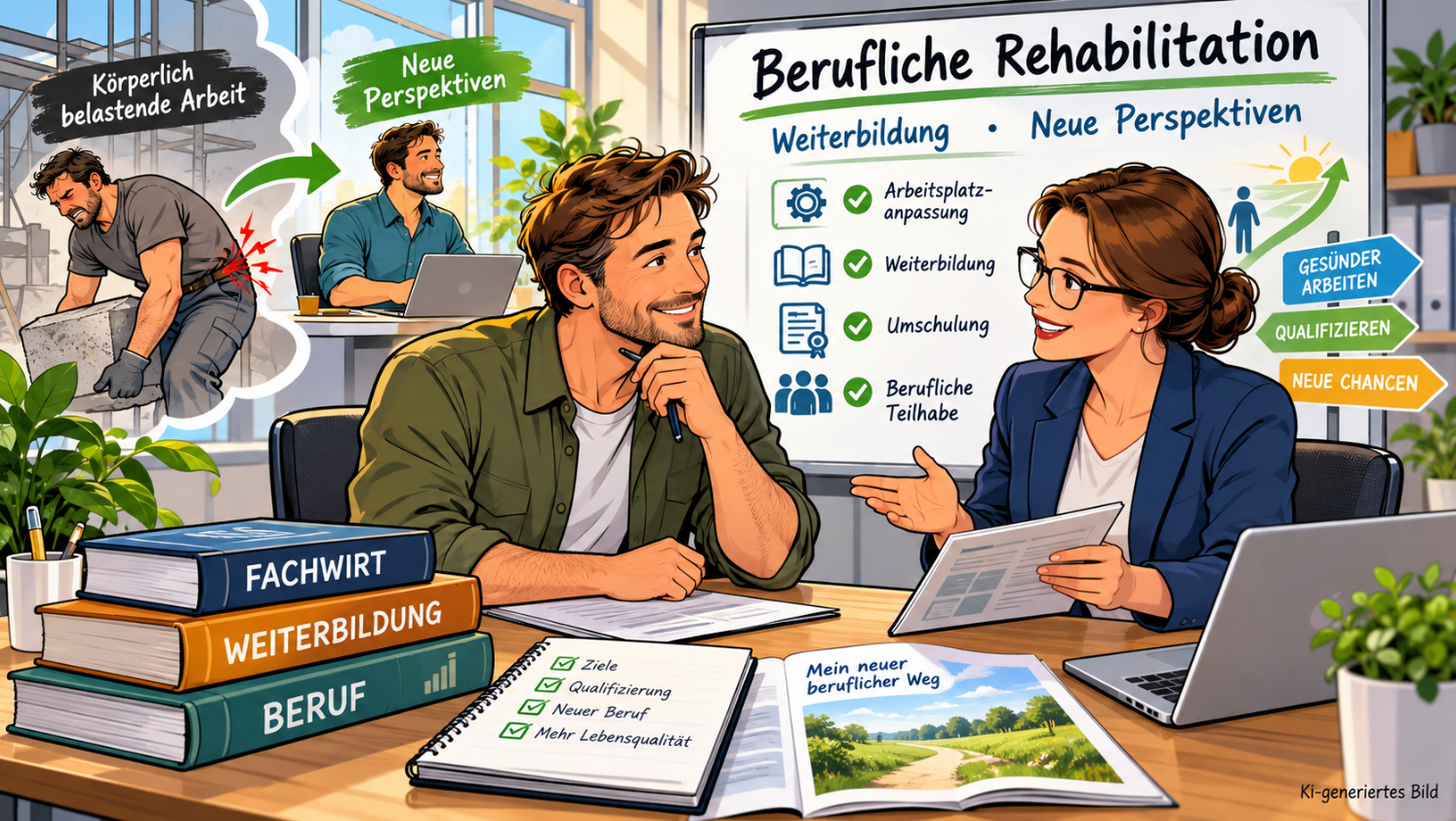 Moderne Comic-Illustration zur beruflichen Rehabilitation: Ein Arbeitnehmer bespricht mit einer Beraterin seine berufliche Neuorientierung durch Weiterbildung oder Umschulung zum Fachwirt. Im Hintergrund werden Arbeitsplatzanpassung und neue Karriereperspektiven dargestellt
