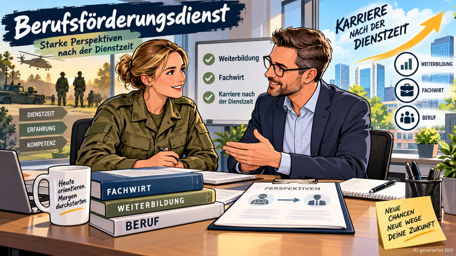 Moderne Comic-Illustration zur Berufsförderung der Bundeswehr: Eine Soldatin im Beratungsgespräch mit einem BFD-Karriereberater über Fachwirt-Weiterbildungen und den beruflichen Einstieg nach der Dienstzeit