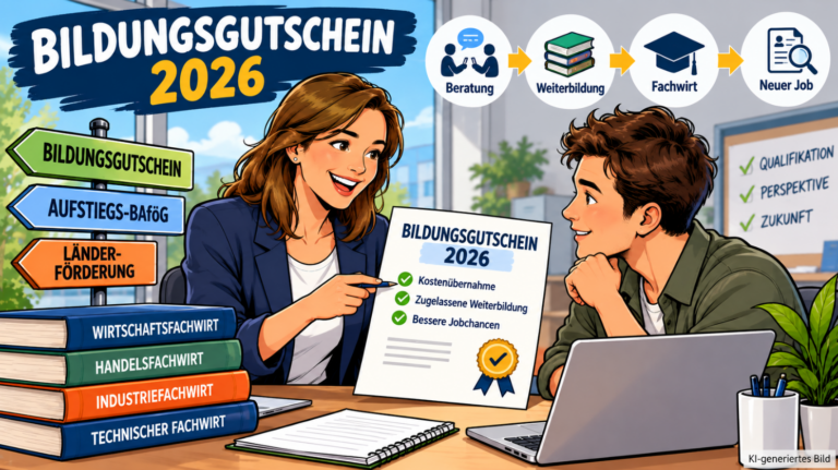 Moderne Comic-Illustration zum Bildungsgutschein 2026: Eine Weiterbildungsinteressentin erhält im Beratungsgespräch Informationen zur Förderung beruflicher Weiterbildungen. Fachwirt-Lehrbücher und Symbole zeigen den Weg von der Beratung über die Qualifizierung bis zum neuen Arbeitsplatz.