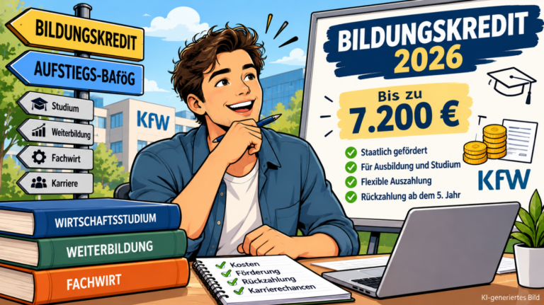 Moderne Comic-Illustration zum Bildungskredit 2026: Ein junger Mann plant die Finanzierung seiner Ausbildung mit bis zu 7.200 Euro KfW-Bildungskredit. Wegweiser zeigen Bildungskredit und Aufstiegs-BAföG als Finanzierungsmöglichkeiten.