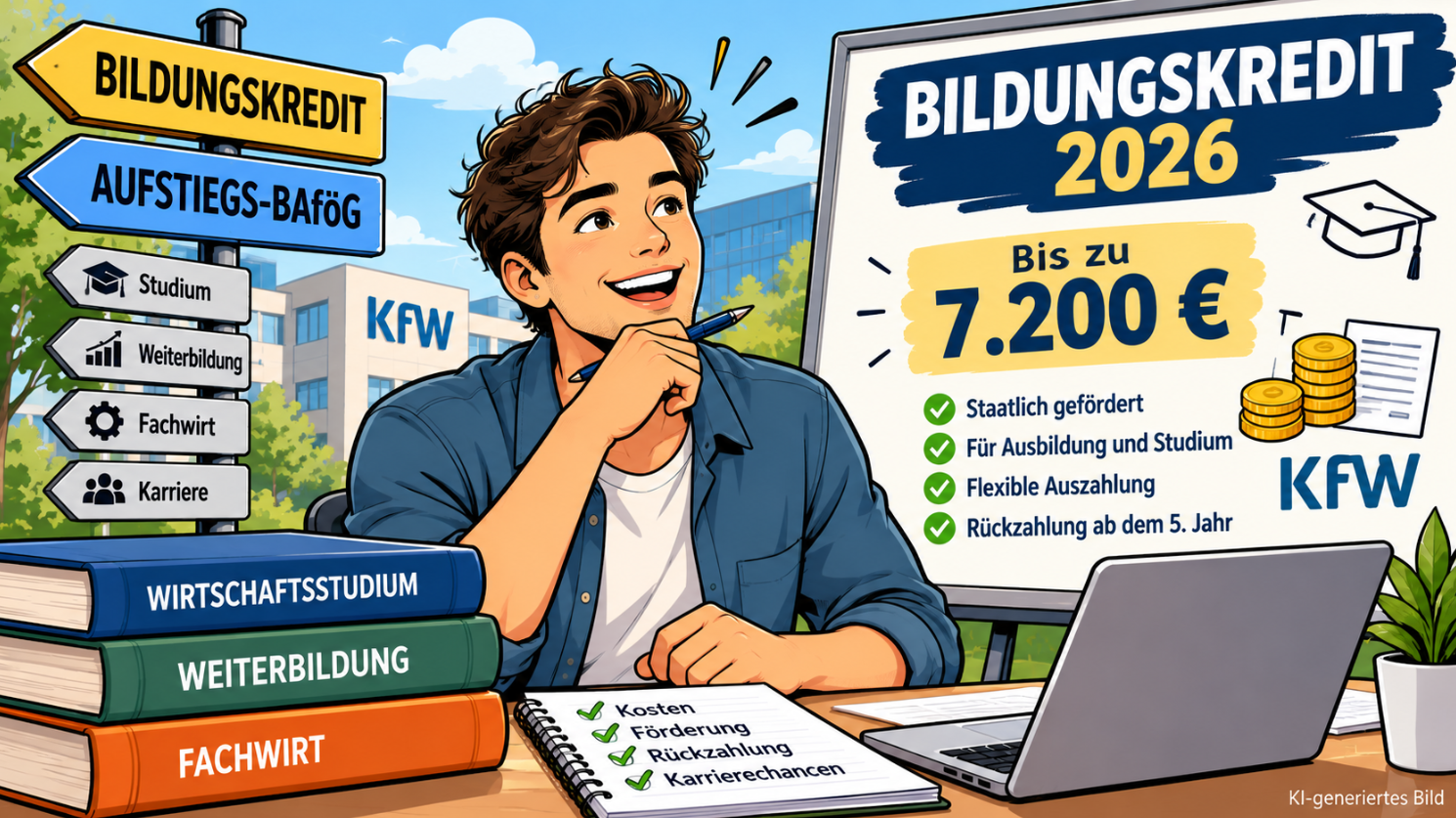 Moderne Comic-Illustration zum Bildungskredit 2026: Ein junger Mann plant die Finanzierung seiner Ausbildung mit bis zu 7.200 Euro KfW-Bildungskredit. Wegweiser zeigen Bildungskredit und Aufstiegs-BAföG als Finanzierungsmöglichkeiten.