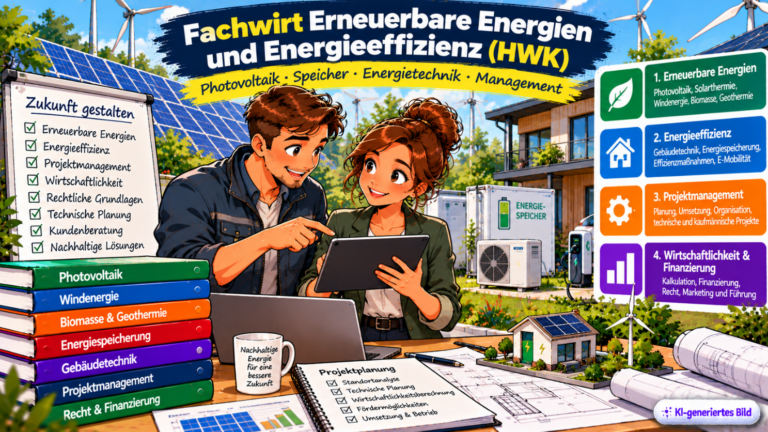 Comic-Illustration zum Fachwirt Erneuerbare Energien und Energieeffizienz (HWK) mit zwei Fachkräften, die ein Energieprojekt auf einem Tablet planen. Im Hintergrund sind Photovoltaikanlagen, Windräder, ein Batteriespeicher und eine Wärmepumpe zu sehen. Dargestellt werden die Weiterbildungsbereiche erneuerbare Energien, Energieeffizienz, Projektmanagement sowie Wirtschaftlichkeit und Finanzierung