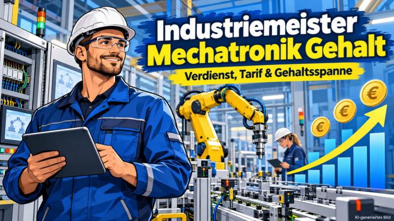 Industriemeister Mechatronik mit Schutzhelm und Tablet in einer modernen automatisierten Produktionshalle. Im Hintergrund sind ein Industrieroboter, Fördertechnik und eine Mitarbeiterin bei der Anlagenkontrolle zu sehen. Eine ansteigende Balkengrafik mit Euro-Symbolen veranschaulicht Gehalt, Verdienstmöglichkeiten und Gehaltsspanne
