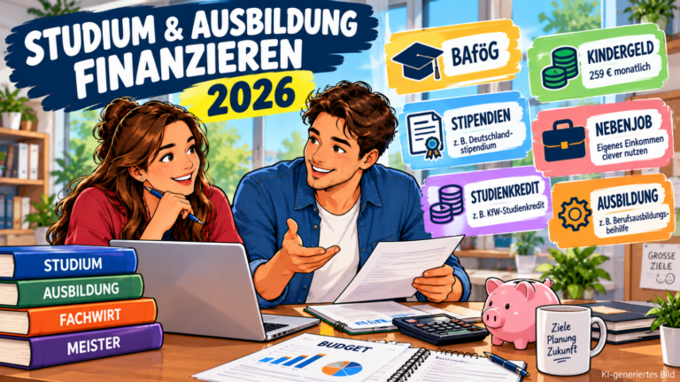 Moderne Comic-Illustration zur Studien- und Ausbildungsfinanzierung 2026: Eine Studentin und ein Auszubildender planen gemeinsam ihr Budget. Symbole für BAföG, Kindergeld, Stipendien, Nebenjob und Studienkredit zeigen verschiedene Finanzierungsmöglichkeiten