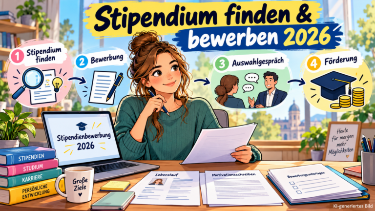 Moderne Comic-Illustration zur Stipendienbewerbung 2026: Eine Studentin bereitet am Schreibtisch ihren Lebenslauf und ihr Motivationsschreiben vor. Vier Stationen zeigen den Weg vom Stipendium finden über die Bewerbung und das Auswahlgespräch bis zur Förderung