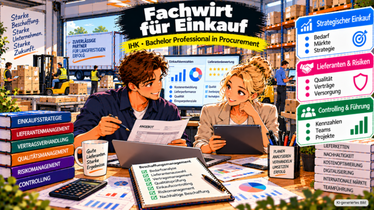 Comic-Illustration zum Fachwirt für Einkauf (IHK) – Bachelor Professional in Procurement. Zwei Einkaufsfachkräfte vergleichen Lieferantenangebote und analysieren Beschaffungskennzahlen an einem Laptop und Tablet. Im Hintergrund sind ein modernes Warenlager, Lieferfahrzeuge und Diagramme zur Lieferantenbewertung zu sehen. Drei Infoboxen veranschaulichen die Themenbereiche strategischer Einkauf, Lieferanten- und Risikomanagement sowie Controlling und Führung.