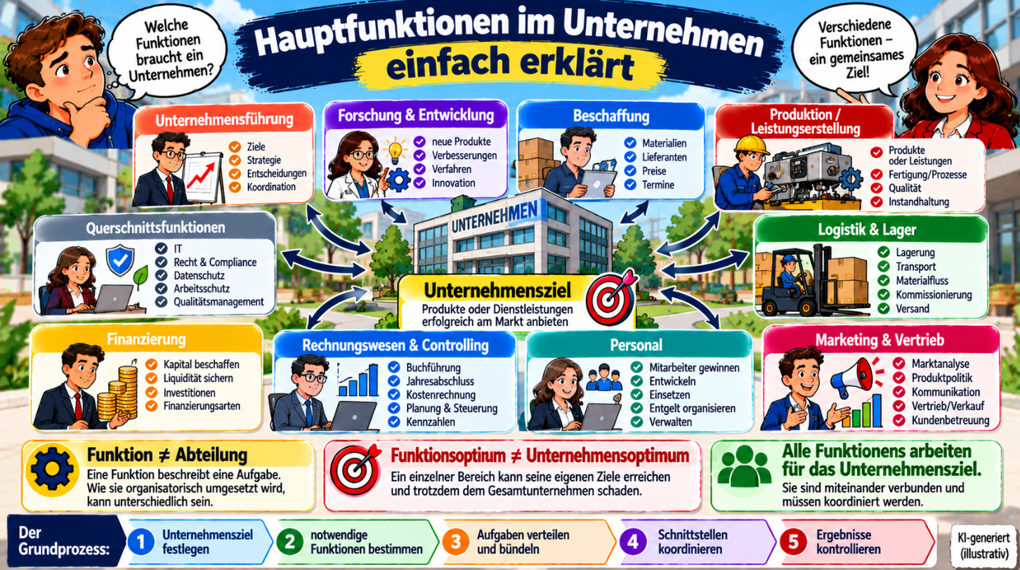 Hauptfunktionen im Unternehmen einfach erklärt – Unternehmensführung, Entwicklung, Beschaffung, Leistungserstellung, Logistik, Marketing, Personal, Rechnungswesen, Finanzierung und ihre Schnittstellen