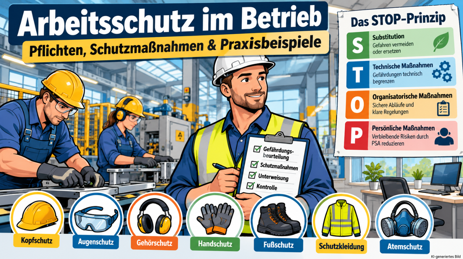 Farbenfrohe Comic-Illustration zum Arbeitsschutz im Betrieb: Beschäftigte arbeiten mit Schutzhelm, Schutzbrille, Gehörschutz und Handschuhen in einer Produktionshalle. Im Vordergrund kontrolliert eine Führungskraft anhand einer Checkliste die Gefährdungsbeurteilung und Schutzmaßnahmen. Rechts wird das STOP-Prinzip mit Substitution, technischen, organisatorischen und persönlichen Maßnahmen dargestellt. Symbole zeigen verschiedene Arten persönlicher Schutzausrüstung.