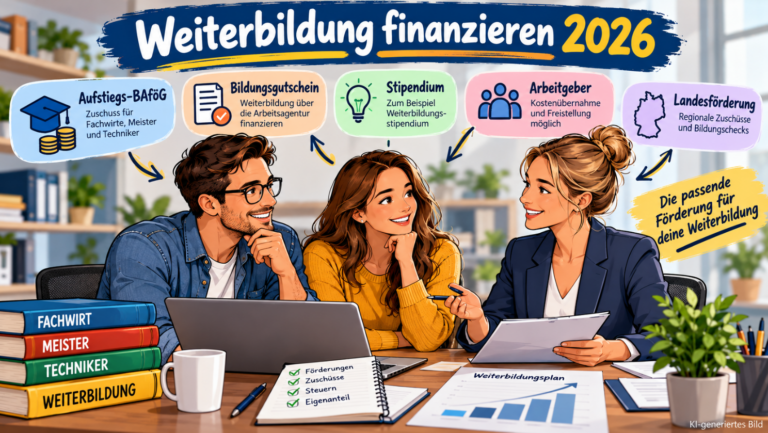 Moderne Comic-Illustration zur Weiterbildungsfinanzierung 2026: Zwei Berufstätige besprechen mit einer Beraterin verschiedene Fördermöglichkeiten. Symbole zeigen Aufstiegs-BAföG, Bildungsgutschein, Weiterbildungsstipendium, Arbeitgeberzuschüsse und Landesförderungen für Fachwirt-, Meister- und Technikerfortbildungen
