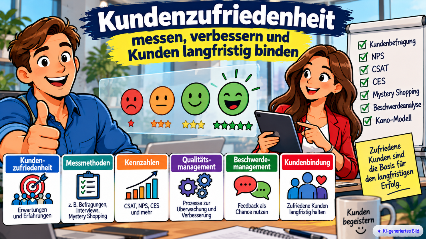 Comic-Illustration zur Kundenzufriedenheit mit Kundenbewertungen, Smileys und Messmethoden wie CSAT, NPS, CES und Mystery Shopping sowie Symbolen für Qualitätsmanagement, Beschwerdemanagement und Kundenbindung