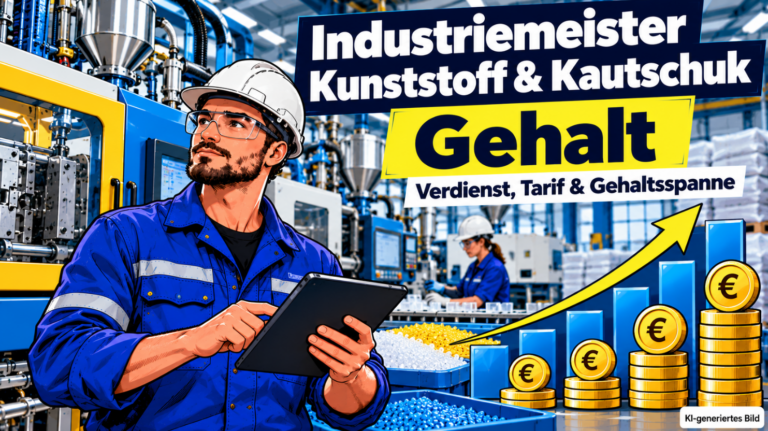 Industriemeister Kunststoff und Kautschuk mit Schutzhelm, Schutzbrille und Tablet vor einer modernen Kunststoff-Spritzgießmaschine. Im Hintergrund sind Kunststoffgranulat und eine Mitarbeiterin bei der Qualitätskontrolle zu sehen. Eine ansteigende Balkengrafik mit Euro-Symbolen veranschaulicht Gehalt, Verdienstmöglichkeiten und Gehaltsspanne.