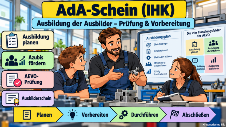 Comicillustration eines betrieblichen Ausbilders, der zwei Auszubildende anleitet. Dargestellt sind die vier AEVO-Handlungsfelder, die Vorbereitung auf die Ausbildereignungsprüfung und der AdA-Schein (IHK).
