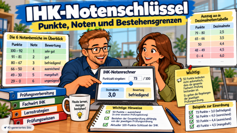 Comic-Illustration zum IHK-Notenschlüssel mit Übersicht der Punkte- und Notenbereiche, Dezimalnoten, einem IHK-Notenrechner und Hinweisen zu den Bestehensregeln der Fachwirt-Prüfung.