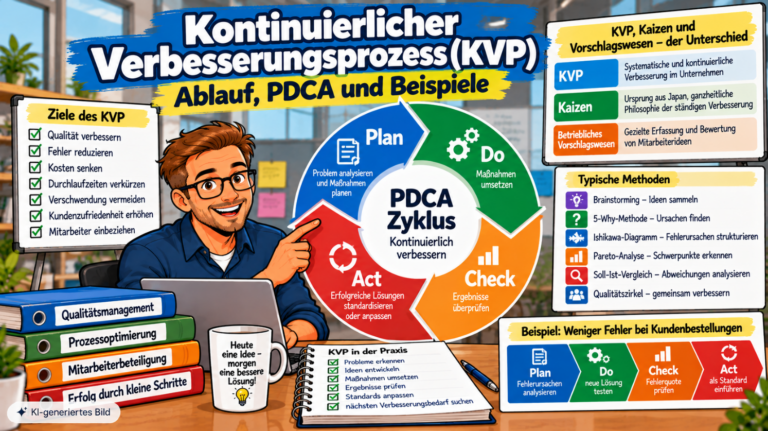 Comic-Illustration zum kontinuierlichen Verbesserungsprozess (KVP) mit dem PDCA-Zyklus (Plan, Do, Check, Act), Zielen der Prozessoptimierung, KVP-Methoden und Beispielen zur Qualitätsverbesserung im Unternehmen.