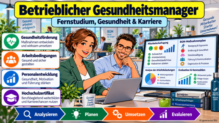 Comicillustration zur Weiterbildung Betrieblicher Gesundheitsmanager: Zwei Fachkräfte planen ein Betriebliches Gesundheitsmanagement mit Mitarbeiterbefragungen, Gesundheitsförderung, Arbeitsplatzgestaltung und BGM-Maßnahmen.