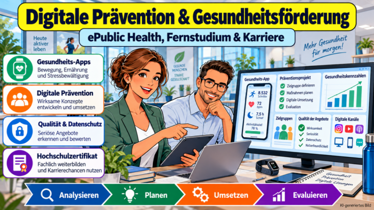 Comicillustration zur digitalen Prävention und Gesundheitsförderung: Zwei Fachkräfte analysieren Gesundheits-Apps, Fitness-Tracker, digitale Präventionsprojekte sowie Qualitäts- und Datenschutzanforderungen im Bereich ePublic Health.