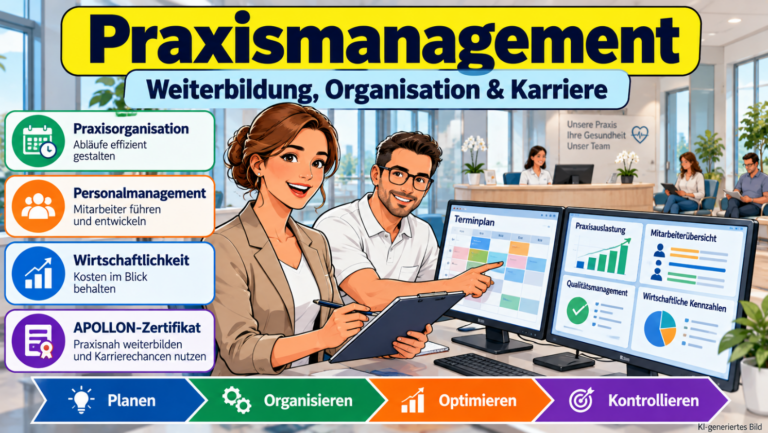 Comicillustration zur Weiterbildung Praxismanagement bei der APOLLON Akademie. Eine Praxismanagerin und ein Kollege analysieren Terminplanung, Personaleinsatz, Qualitätsmanagement und wirtschaftliche Kennzahlen in einer modernen Arztpraxis.