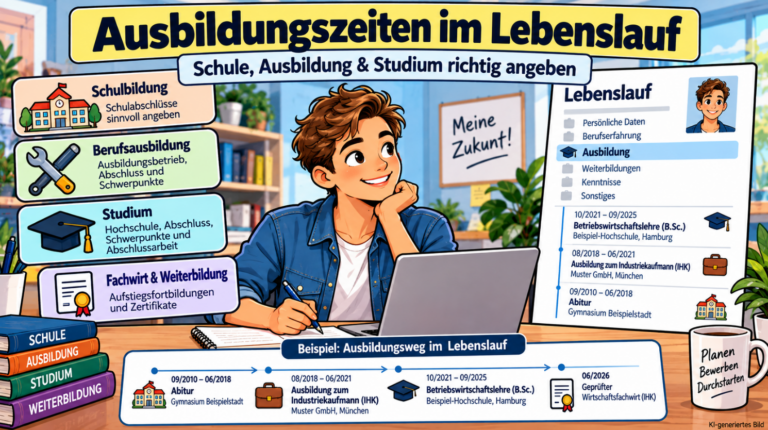 Comicillustration eines Bewerbers am Laptop mit tabellarischem Lebenslauf und Beispielen für Schulbildung, Berufsausbildung, Studium und Fachwirt-Weiterbildung