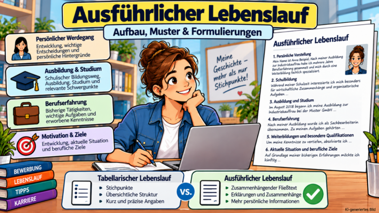 Comicillustration einer Bewerberin am Laptop mit ausführlichem Lebenslauf in Fließtextform und Vergleich zum tabellarischen Lebenslauf mit Stichpunkten.