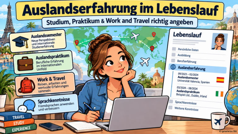 Comicillustration einer Bewerberin am Laptop mit Lebenslauf, Weltkarte und Beispielen für Auslandserfahrung durch Auslandssemester, Auslandspraktikum, Work & Travel und Sprachkenntnisse.