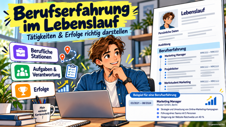 Comicillustration eines Bewerbers am Laptop mit tabellarischem Lebenslauf, beruflichen Stationen, Aufgaben, Verantwortlichkeiten und Beispielen für berufliche Erfolge.