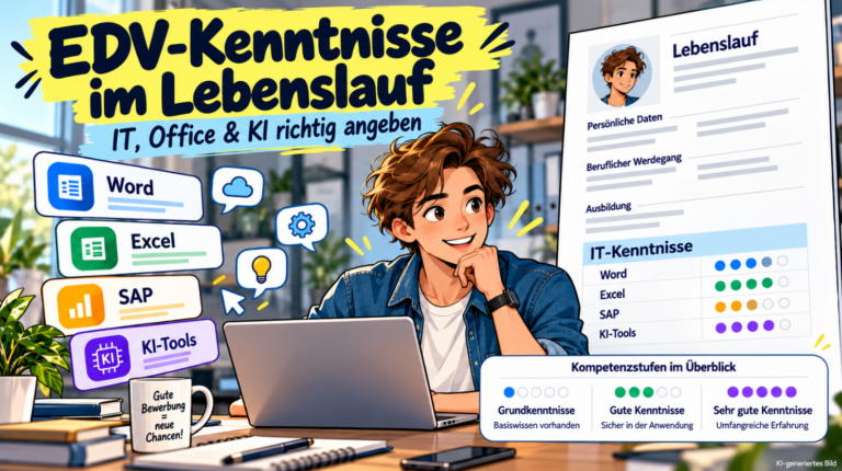 Comicillustration eines Bewerbers am Laptop mit Lebenslauf, EDV-Kenntnissen in Word, Excel, SAP und KI-Tools sowie einer Übersicht verschiedener Kompetenzstufen