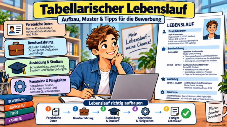 Comicillustration eines Bewerbers am Laptop mit tabellarischem Lebenslauf und den Abschnitten persönliche Daten, Berufserfahrung, Ausbildung, Studium sowie Kenntnisse und Fähigkeiten.
