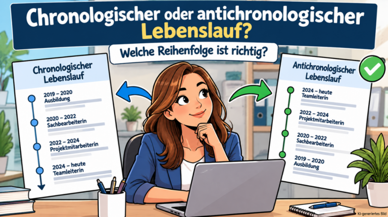 Comicillustration zum chronologischen und antichronologischen Lebenslauf: Bewerberin am Laptop vergleicht die zeitliche Reihenfolge beruflicher Stationen.