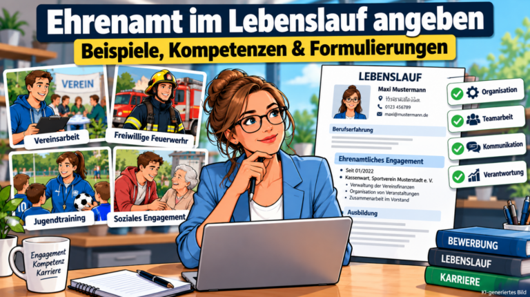 Farbenfrohe Comic-Illustration zum Thema Ehrenamt im Lebenslauf: Eine junge Frau sitzt mit Laptop am Schreibtisch. Links zeigen vier Szenen ehrenamtliche Tätigkeiten in der Vereinsarbeit, bei der Freiwilligen Feuerwehr, im Jugendtraining und im sozialen Engagement. Rechts ist ein Lebenslauf mit dem hervorgehobenen Abschnitt „Ehrenamtliches Engagement“ dargestellt. Grüne Häkchen kennzeichnen die Kompetenzen Organisation, Teamarbeit, Kommunikation und Verantwortung.
