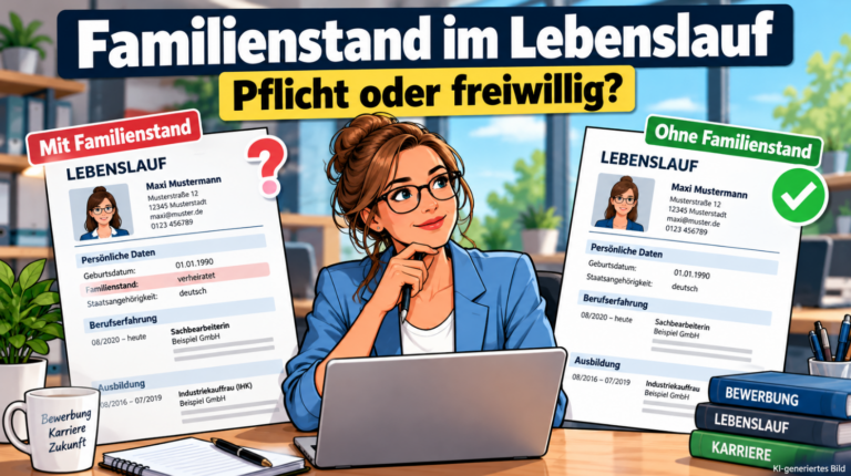 Farbenfrohe Comic-Illustration zum Familienstand im Lebenslauf: Eine junge Bewerberin sitzt mit Laptop am Schreibtisch und vergleicht zwei Lebensläufe. Links ist die Variante „Mit Familienstand“ mit der Angabe „verheiratet“ dargestellt, rechts ein moderner Lebenslauf ohne Familienstandsangabe und mit grünem Häkchen. Das Bild verdeutlicht, dass Angaben zum Familienstand bei einer Bewerbung freiwillig sind