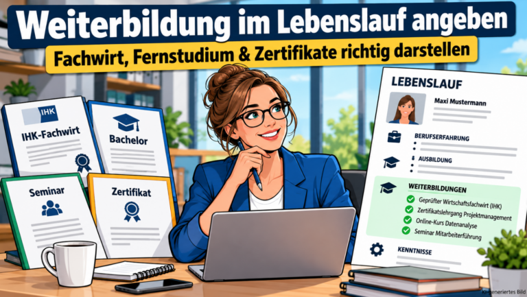 Farbenfrohe Comic-Illustration zum Thema Weiterbildung im Lebenslauf: Eine junge Frau sitzt mit Laptop am Schreibtisch und betrachtet ihre Qualifikationen. Links sind Dokumente für IHK-Fachwirt, Bachelor, Seminar und Zertifikat dargestellt. Rechts zeigt ein tabellarischer Lebenslauf den hervorgehobenen Bereich „Weiterbildungen“ mit Beispielen wie Wirtschaftsfachwirt (IHK), Projektmanagement, Datenanalyse und Mitarbeiterführung