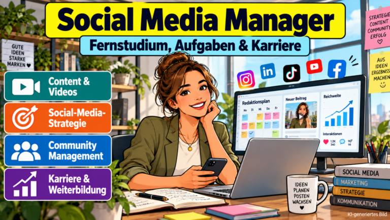 Comicillustration einer Social Media Managerin am Laptop mit Redaktionsplan, Social-Media-Strategie, Videoinhalten und Diagrammen zur Erfolgsmessung