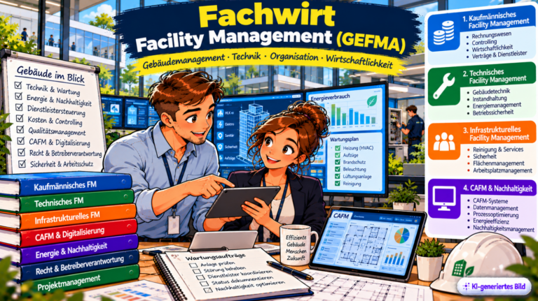 Comic-Illustration zum Fachwirt Facility Management (GEFMA) mit zwei Fachkräften in einer modernen Gebäudeleitwarte, die Wartungsaufträge und Gebäudedaten auf einem Tablet auswerten. Im Hintergrund sind digitale Gebäudemodelle, Energieverbrauchsdiagramme und Wartungspläne zu sehen. Dargestellt werden kaufmännisches, technisches und infrastrukturelles Facility Management sowie CAFM, Digitalisierung und Nachhaltigkeit.