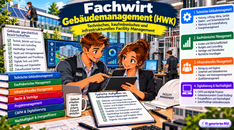 Illustration zum Fachwirt Gebäudemanagement HWK mit digitalem Gebäudemodell, Facility Management und technischer Gebäudeüberwachung