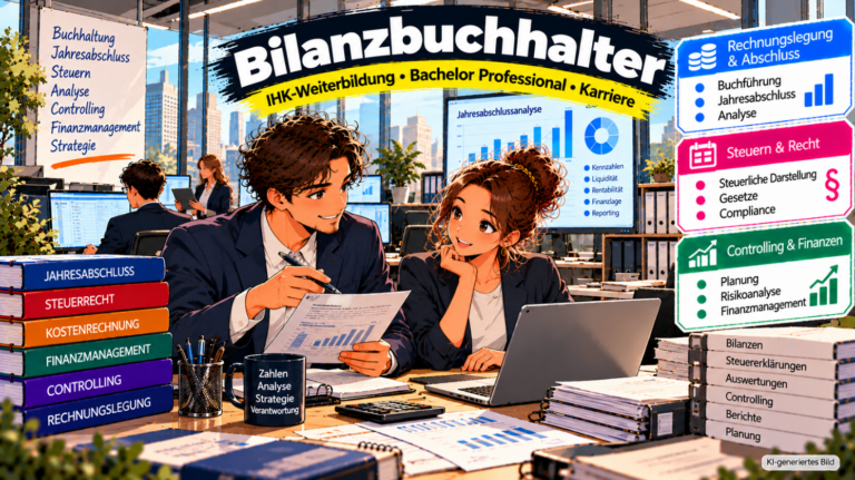 Comic-Illustration zur Weiterbildung zum Geprüften Bilanzbuchhalter (IHK) – Bachelor Professional in Bilanzbuchhaltung. Zwei Fachkräfte analysieren gemeinsam Jahresabschlüsse, Finanzkennzahlen und Diagramme an einem Laptop. Im Hintergrund sind ein modernes Rechnungswesen-Büro, digitale Auswertungen und weitere Mitarbeiter zu sehen. Drei farbige Infoboxen veranschaulichen die Themenbereiche Rechnungslegung und Abschluss, Steuern und Recht sowie Controlling und Finanzen