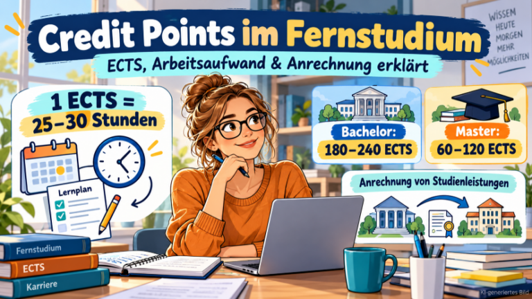 Farbenfrohe Comic-Illustration zu Credit Points im Fernstudium: Eine junge Studentin sitzt mit Laptop am Schreibtisch. Infografiken erklären, dass ein ECTS-Punkt 25 bis 30 Stunden Arbeitsaufwand entspricht, Bachelorstudiengänge 180 bis 240 ECTS und Masterstudiengänge 60 bis 120 ECTS umfassen. Zwei Hochschulgebäude mit Verbindungspfeil veranschaulichen die mögliche Anrechnung von Studienleistungen