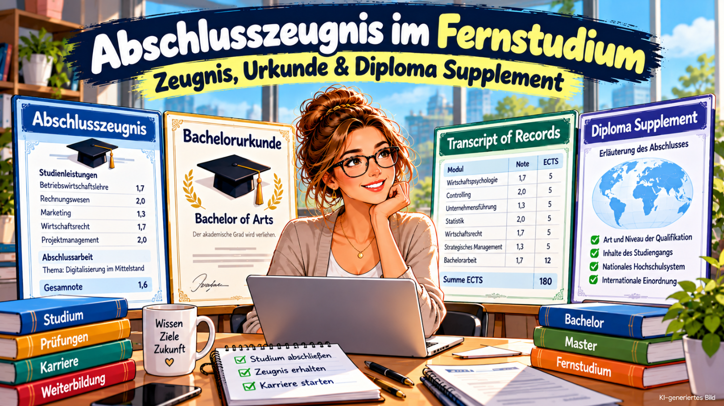 Comicartiges Beitragsbild zum Thema „Abschlusszeugnis im Fernstudium“: Eine lächelnde Frau sitzt mit Laptop am Schreibtisch, umgeben von Darstellungen eines Abschlusszeugnisses, einer Bachelorurkunde, einem Transcript of Records und einem Diploma Supplement. Im Vordergrund liegen Notizen, Bücher und Lernmaterialien, dazu der Hinweis „KI-generiertes Bild