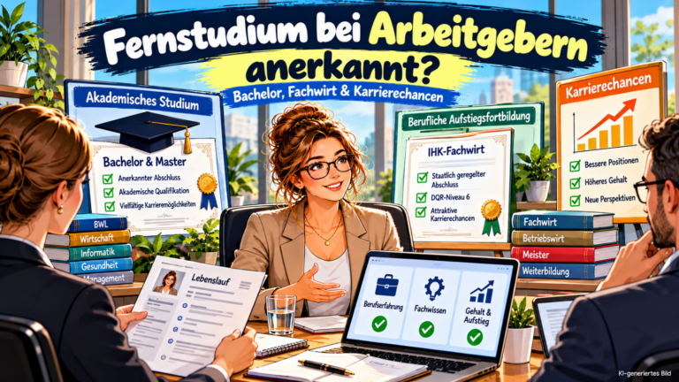 Farbenfrohe Comic-Illustration zur Anerkennung eines Fernstudiums bei Arbeitgebern: Eine junge Bewerberin sitzt im Vorstellungsgespräch mit zwei Personalverantwortlichen. Im Hintergrund werden ein akademischer Bachelor- oder Masterabschluss und eine berufliche Aufstiegsfortbildung zum IHK-Fachwirt gegenübergestellt. Symbole für Berufserfahrung, Fachwissen, Gehalt und Karrierechancen verdeutlichen den beruflichen Nutzen verschiedener Weiterbildungsabschlüsse.