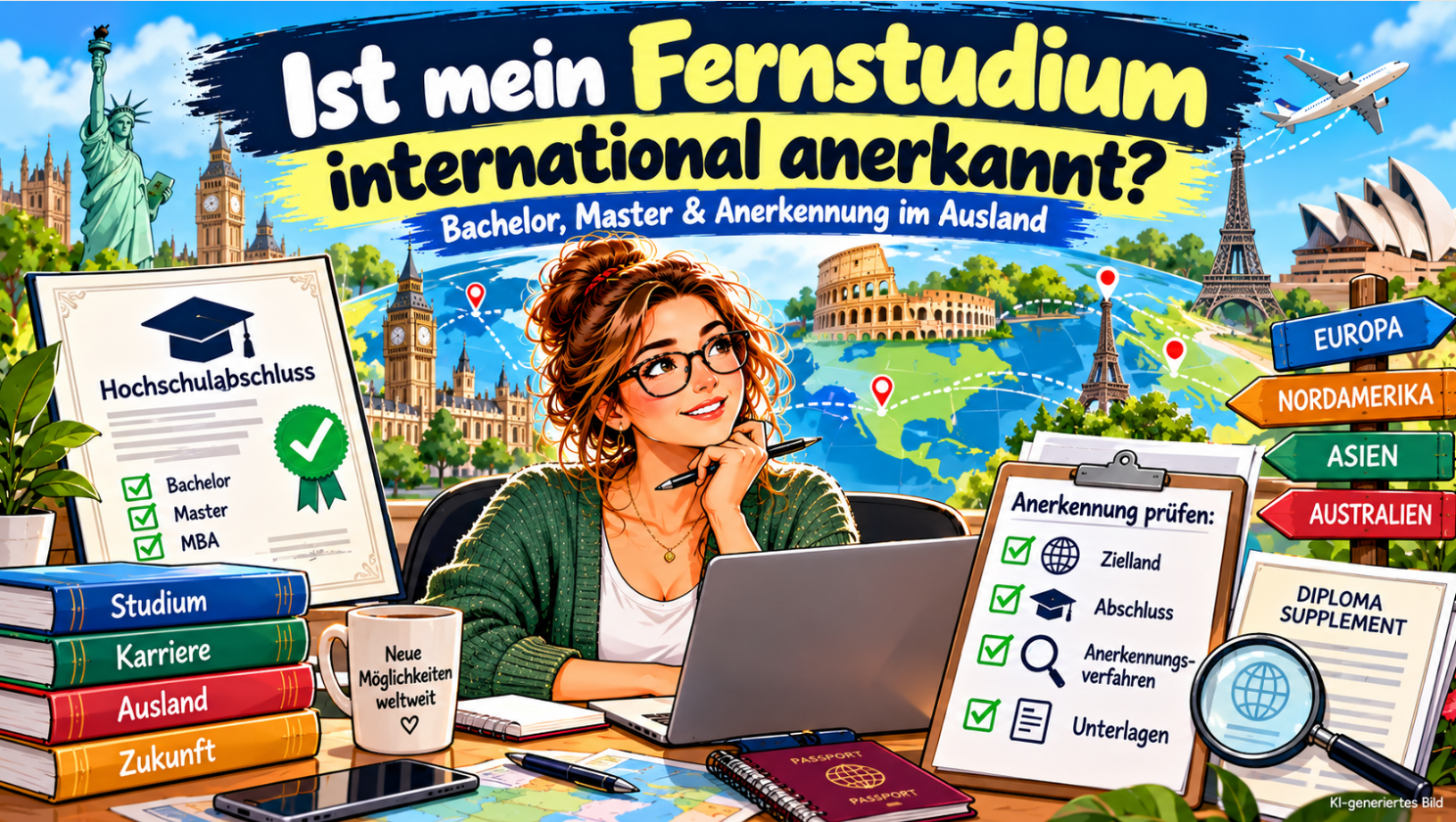 Farbenfrohe Comic-Illustration zur internationalen Anerkennung eines Fernstudiums: Eine junge Absolventin sitzt mit Laptop und Hochschulabschluss vor einer Weltkarte mit internationalen Sehenswürdigkeiten. Eine Checkliste zeigt wichtige Prüfschritte wie Zielland, Abschluss, Anerkennungsverfahren und Unterlagen. Ein Diploma Supplement und eine Lupe verdeutlichen die Überprüfung der Anerkennung von Bachelor- und Masterabschlüssen im Ausland