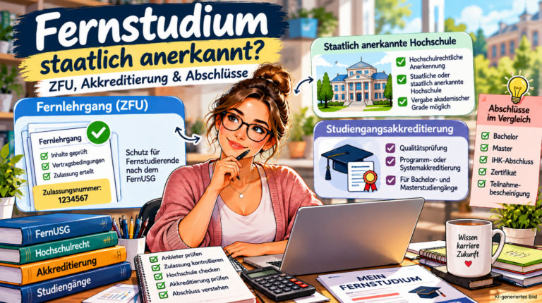 Farbenfrohe Comic-Illustration zur staatlichen Anerkennung von Fernstudiengängen: Eine junge Studieninteressentin sitzt mit Laptop und Unterlagen am Schreibtisch. Infografiken erklären die Unterschiede zwischen ZFU-Zulassung, staatlicher Hochschulanerkennung und Studiengangsakkreditierung sowie die verschiedenen Abschlussarten wie Bachelor, Master, IHK-Abschluss und Zertifikat.