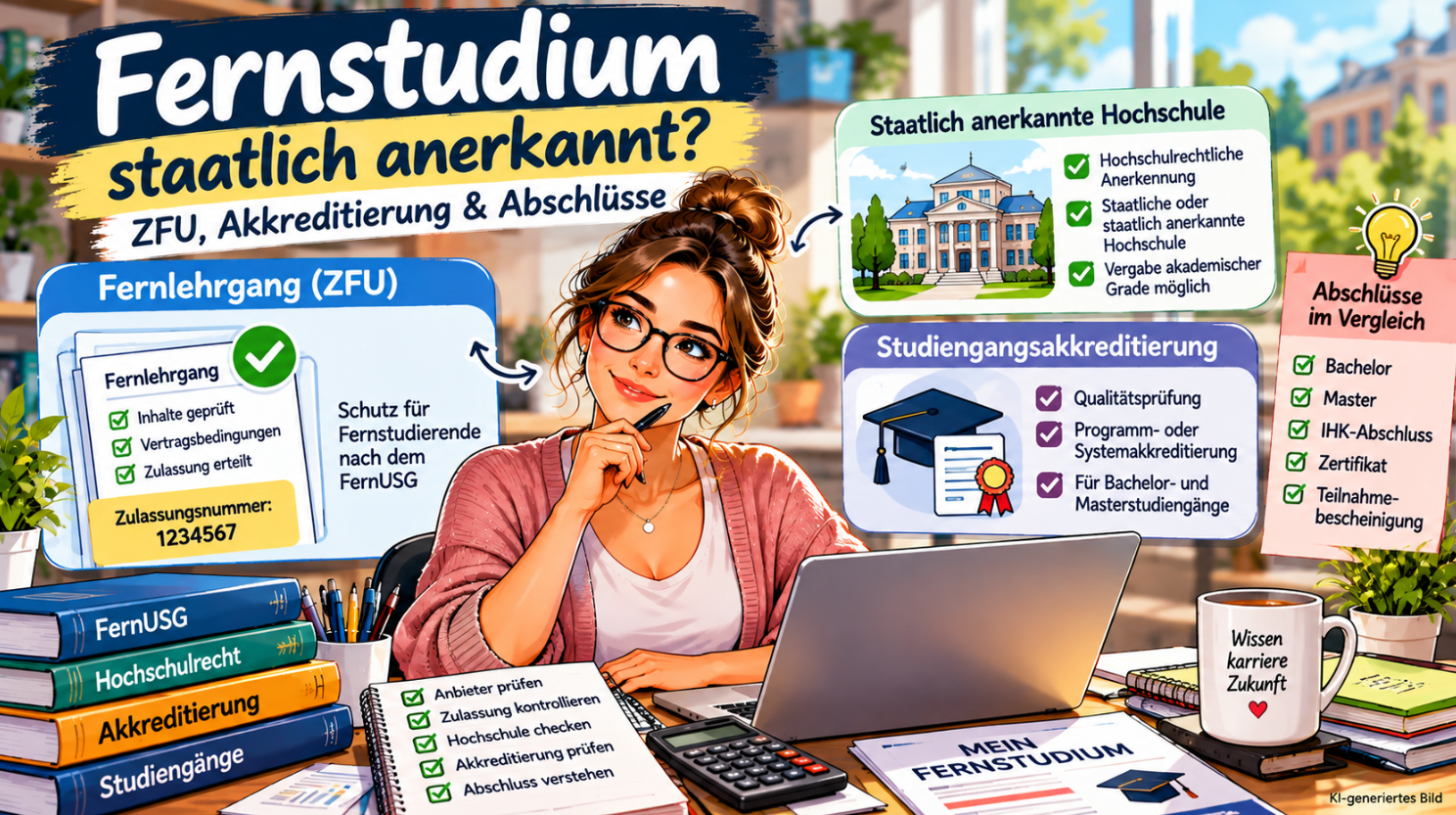 Farbenfrohe Comic-Illustration zur staatlichen Anerkennung von Fernstudiengängen: Eine junge Studieninteressentin sitzt mit Laptop und Unterlagen am Schreibtisch. Infografiken erklären die Unterschiede zwischen ZFU-Zulassung, staatlicher Hochschulanerkennung und Studiengangsakkreditierung sowie die verschiedenen Abschlussarten wie Bachelor, Master, IHK-Abschluss und Zertifikat.