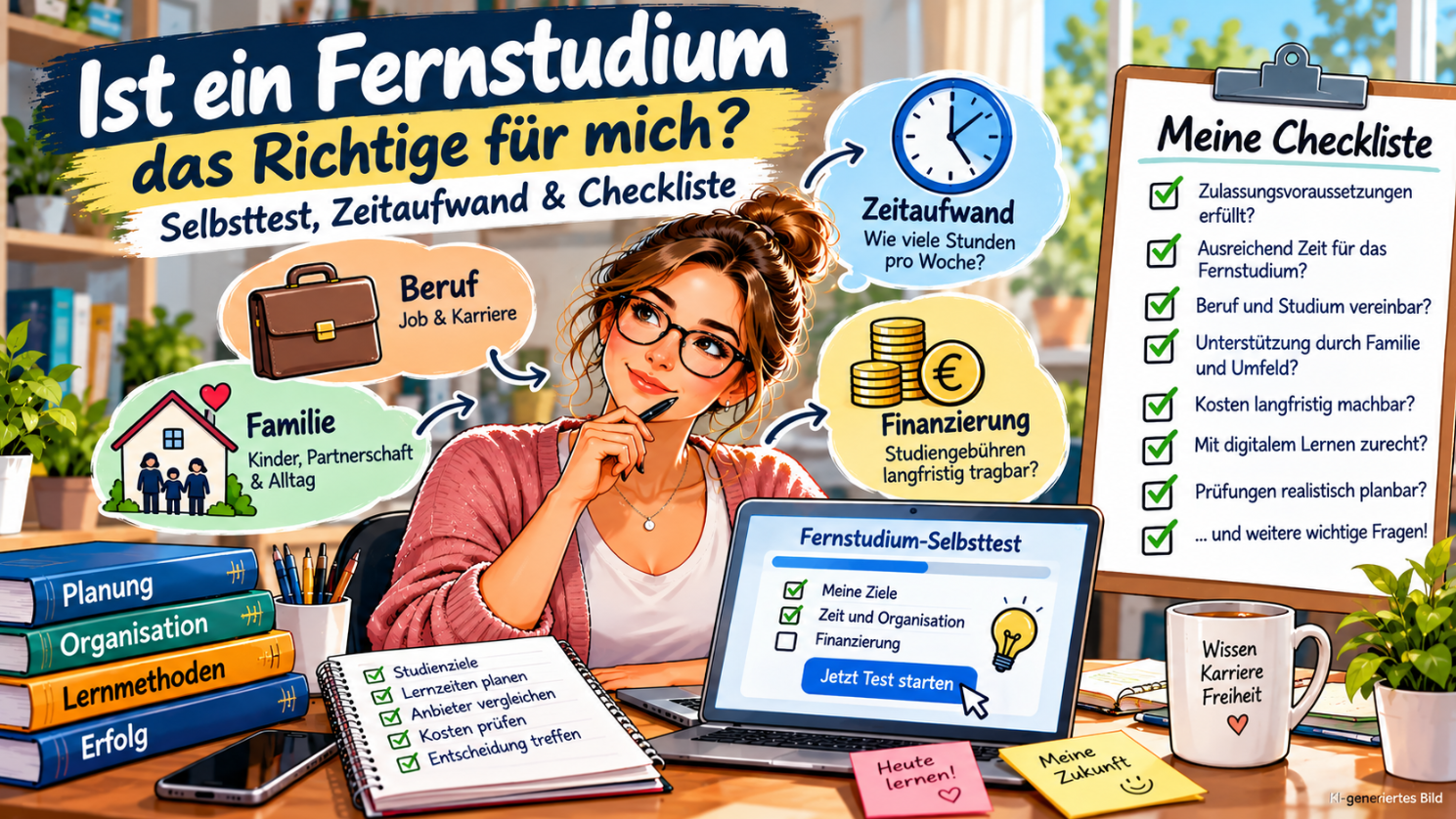 Farbenfrohe Comic-Illustration zum Fernstudium-Selbsttest: Eine junge Frau sitzt nachdenklich mit Laptop, Studienbüchern und Checklisten am Schreibtisch. Symbole für Beruf, Familie, Zeitaufwand und Finanzierung zeigen wichtige Entscheidungskriterien. Auf dem Laptop ist ein Selbsttest zu sehen, der bei der Einschätzung hilft, ob ein Fernstudium zur persönlichen Lebenssituation passt.
