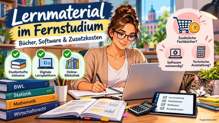 Farbenfrohe Comic-Illustration zum Thema Lernmaterial im Fernstudium: Eine junge Fernstudentin sitzt mit Laptop, Fachbüchern, Studienheften und Tablet am Schreibtisch. Symbole zeigen enthaltene Lernmaterialien wie digitale Lernplattformen und Online-Bibliotheken sowie mögliche Zusatzkosten für Fachbücher, Software und technische Ausstattung