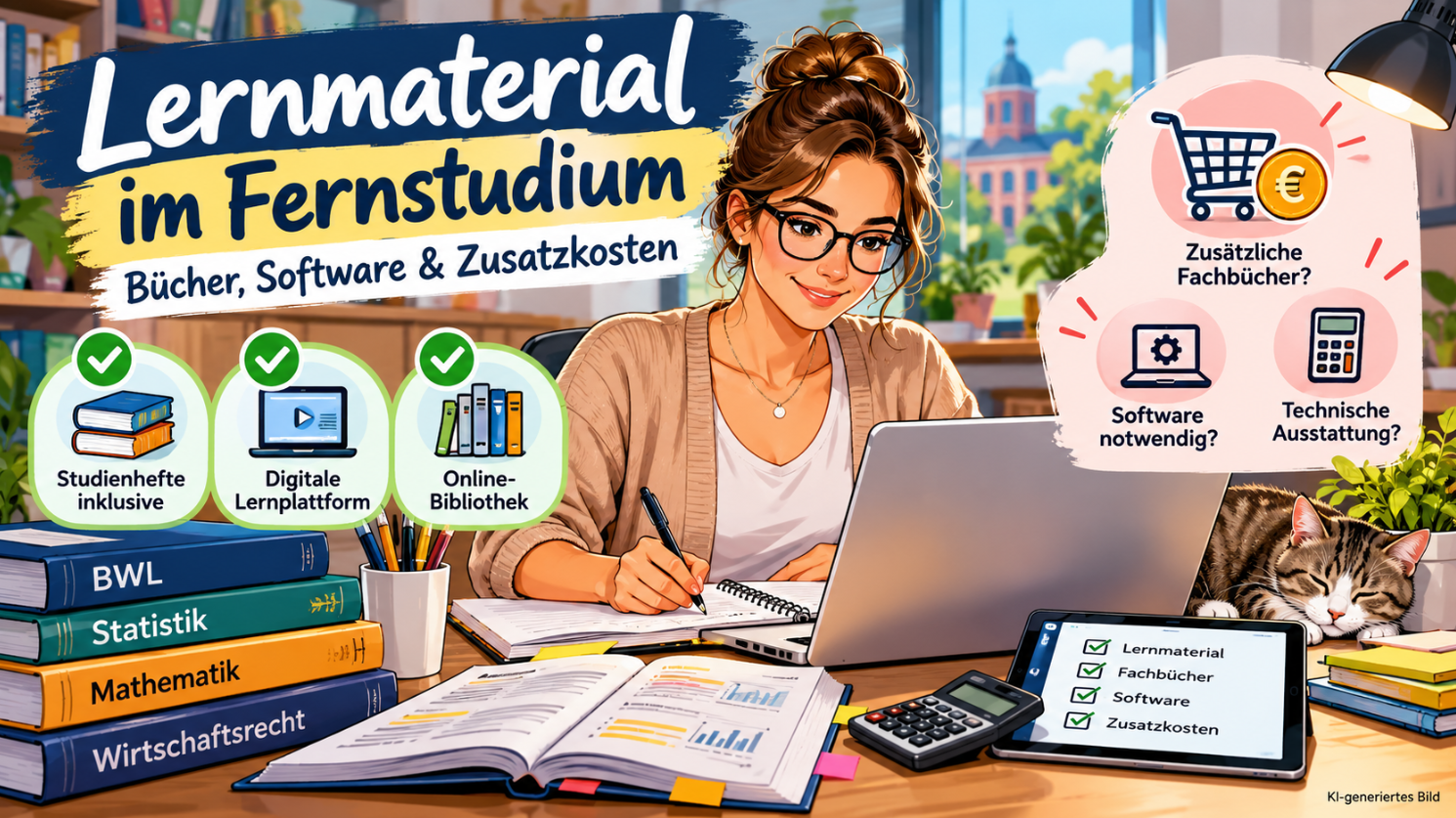 Farbenfrohe Comic-Illustration zum Thema Lernmaterial im Fernstudium: Eine junge Fernstudentin sitzt mit Laptop, Fachbüchern, Studienheften und Tablet am Schreibtisch. Symbole zeigen enthaltene Lernmaterialien wie digitale Lernplattformen und Online-Bibliotheken sowie mögliche Zusatzkosten für Fachbücher, Software und technische Ausstattung