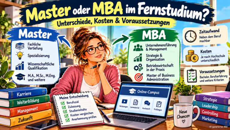 Farbenfrohe Comic-Illustration zum Vergleich von Master und MBA im Fernstudium: Eine junge Berufstätige sitzt mit Laptop und Studienunterlagen am Schreibtisch. Zwei Infografiken zeigen die Unterschiede zwischen einem fachlich spezialisierten Master und einem managementorientierten MBA. Weitere Symbole verdeutlichen Zeitaufwand, Studienkosten und Zulassungsvoraussetzungen