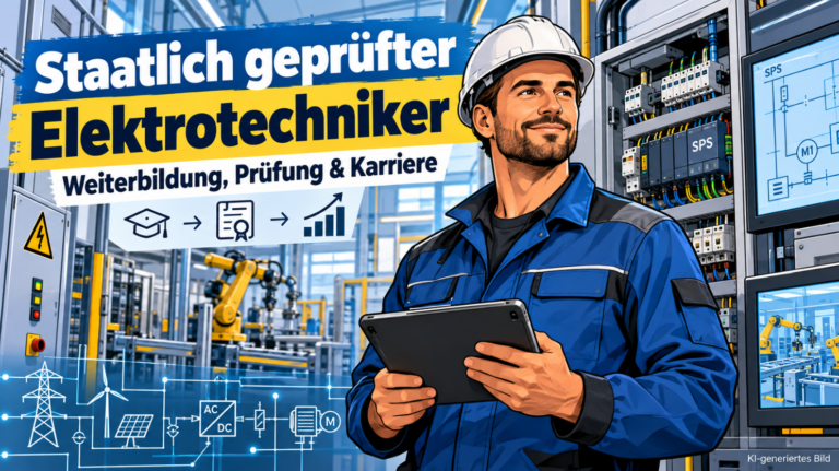Staatlich geprüfter Elektrotechniker mit Schutzhelm und Tablet in einer modernen Industrieanlage. Im Hintergrund sind Schaltschränke, SPS-Steuerungen, Industrieroboter und elektrotechnische Schaltpläne zu sehen. Die Illustration zeigt die Weiterbildung, Prüfung und Karrierechancen in der Elektrotechnik.