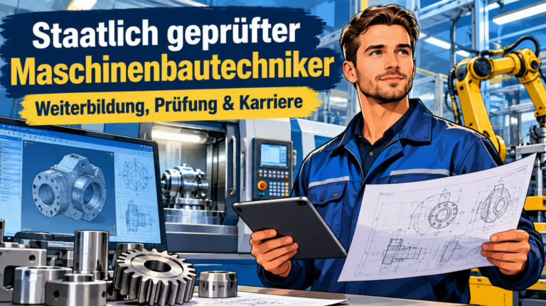Staatlich geprüfter Maschinenbautechniker mit Tablet und technischer Zeichnung in einer modernen Fertigungshalle. Im Hintergrund sind eine CNC-Maschine, ein CAD-Konstruktionsbildschirm und ein Industrieroboter zu sehen. Die Illustration zeigt die Weiterbildung, Prüfung und Karrierechancen im Maschinenbau.