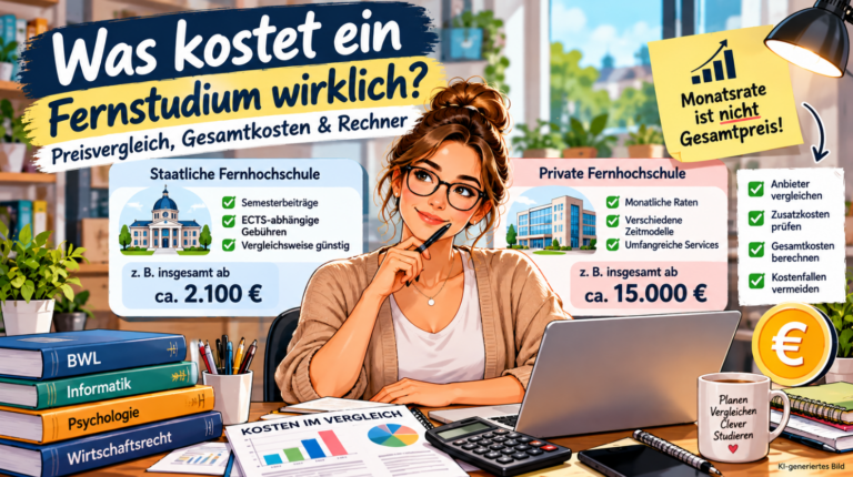Farbenfrohe Comic-Illustration zum Kostenvergleich im Fernstudium: Eine junge Fernstudentin sitzt nachdenklich mit Laptop, Taschenrechner und Studienunterlagen am Schreibtisch. Zwei Infografiken vergleichen die Kosten einer staatlichen und einer privaten Fernhochschule. Checklisten und Euro-Symbole verdeutlichen den Unterschied zwischen monatlichen Studiengebühren, Gesamtkosten und möglichen Zusatzkosten